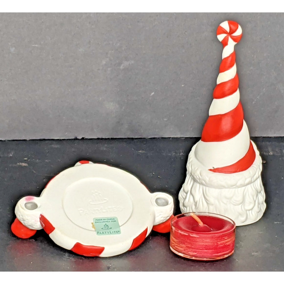 Partylite Ceramic Tea Light Candle Holder Peppermint Santa Snuffer Set Orig Box - Picture 7 of 8